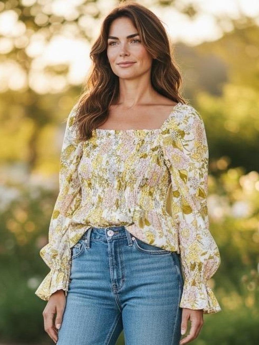 100% Cotton Square-Neck Floral Top in Yellow and Pink